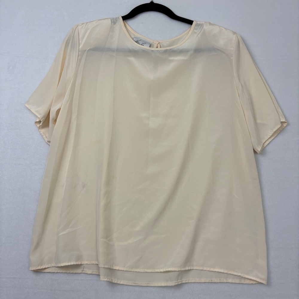 Kathie Lee Womens Cream Short Sleeve Blouse Size 18 Polyester Keyhole Back B1